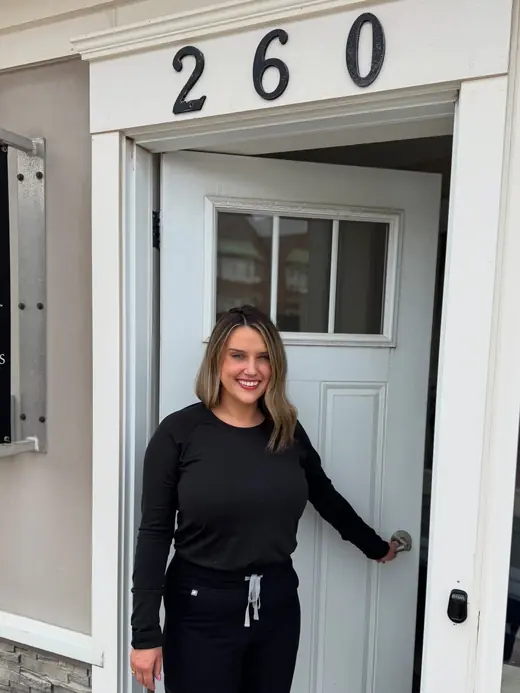 Marley at the front door of the clinic